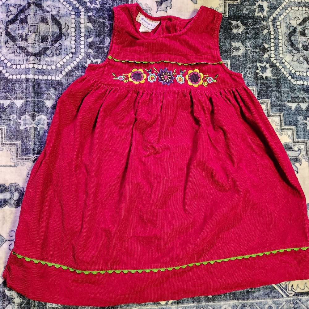 Samara Red Corduroy Dress With Emboidered Flowers